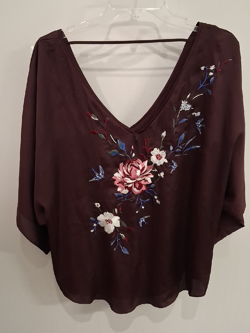 White House Black Market Burgundy Embroidered V-Neck Blouse